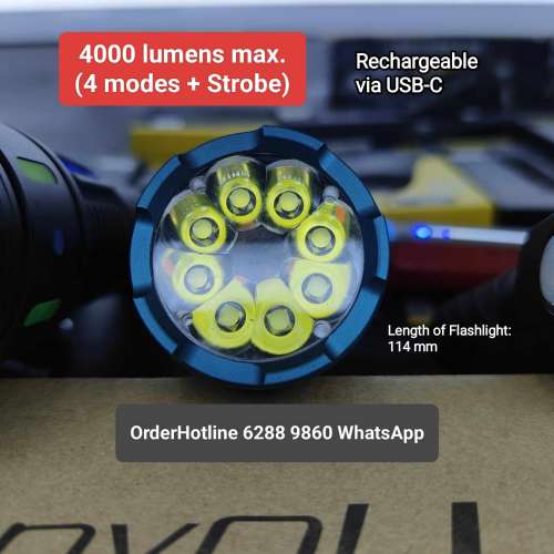 超強光手電筒.最高可達4000流明.尾部強磁.配26650mAh鋰電. USB-C直接充電 Flashligh...