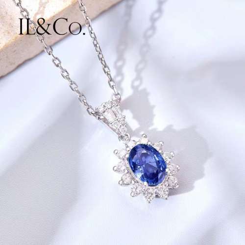 英倫玫瑰18K金天藍色寶石吊墜60分鑽石項鏈奢華戴妃項鏈
