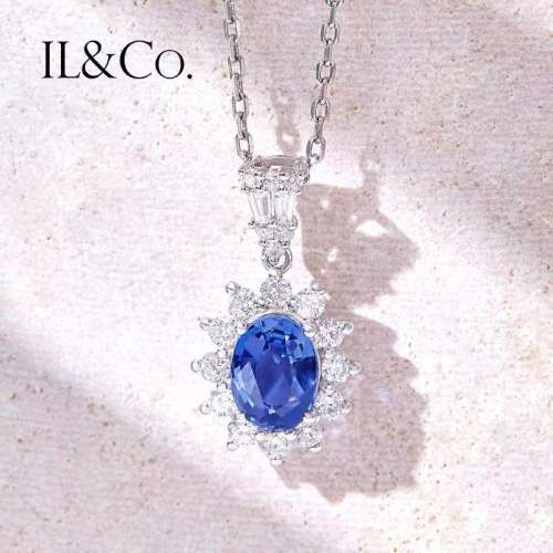 英倫玫瑰18K金天藍色寶石吊墜60分鑽石項鏈奢華戴妃項鏈