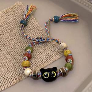 骷髏貓咪陶瓷編織繩手鍊女小眾設計感甜酷中國風流蘇彩色手串手飾