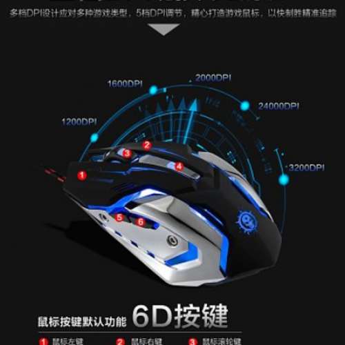 6D 遊戲機械鼠標  MOUSE 6鍵+2靜音鍵 編織線