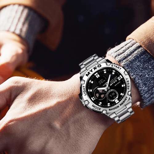 多功能鋼帶雙顯防水夜光運動手表