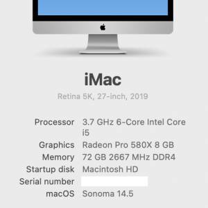 iMac 2019 - 27" - 3T Fusion Drive - 3.7GH 6 Core i5 - 72G DDR 4
