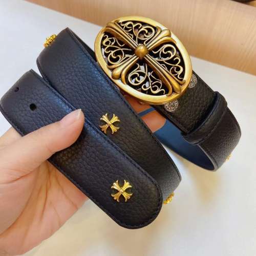 Chrome Hearts圖案雕刻平滑扣 皮帶 黑色寬3.6cm