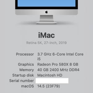 iMac 2019 - 27" - 3T Fusion Drive - 3.7GH 6 Core i5 - 40G DDR 4