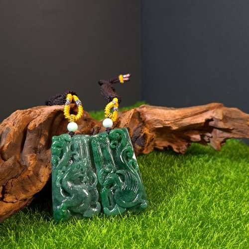 仿古雕綠龍鳳無事牌一對