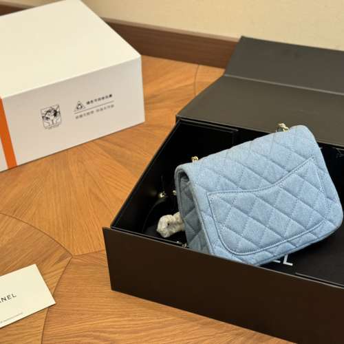 全套包装牛仔方胖子金球链条包 经典的黑金色搭配柔软的小羊皮质感舒適