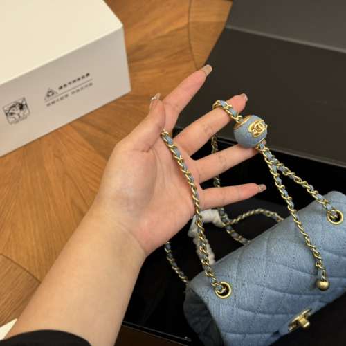 全套包装牛仔方胖子金球链条包 经典的黑金色搭配柔软的小羊皮质感舒適