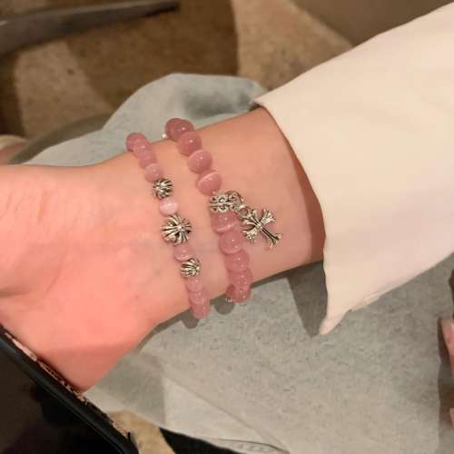 Chromehearts 克羅心粉色貓眼四銀珠手串