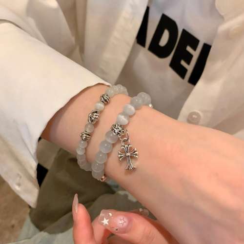 Chromehearts 克羅心粉色貓眼四銀珠手串