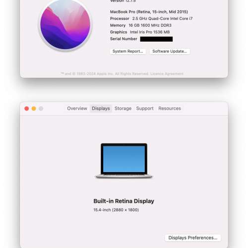 Apple Mac Book Pro 2015 Mid 15"寸 i7, 16GB Ram, 250GB SSD