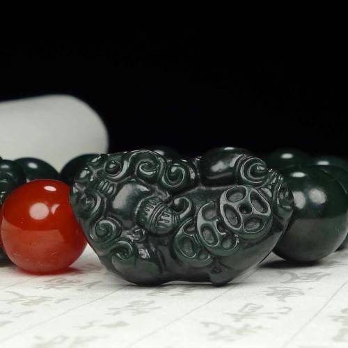 天然真品新疆和田玉青玉双貔貅手链玉石佛珠手串男女玉手链