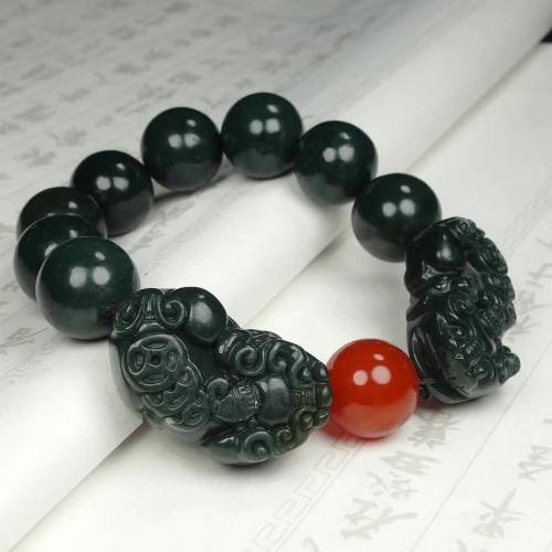 天然真品新疆和田玉青玉双貔貅手链玉石佛珠手串男女玉手链