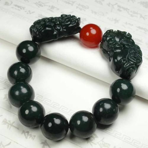 天然真品新疆和田玉青玉双貔貅手链玉石佛珠手串男女玉手链