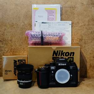 Nikon F4 film camera body full packing w/ 35mm f2 lens and hood