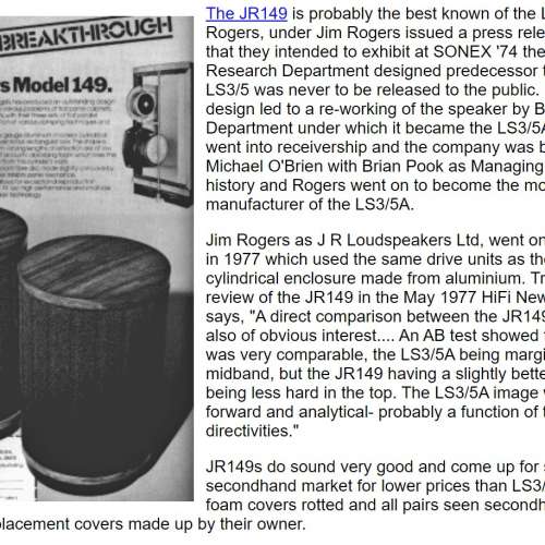 Jim Rogers JR149(罕有1977年鑲真皮版本)15&Omega; LS3/5A老對手，人聲不分軒輊，低頻更...