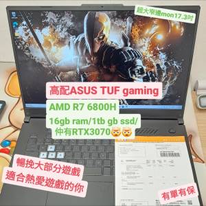 (荃灣實體店，超強電競筆電) Asus TUF Gaming AMD R7 6800H /17.3寸 /i7-13代同級/...