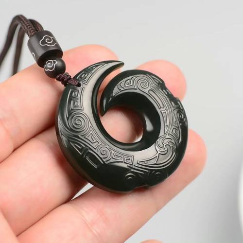 正品和田玉青玉时来运转玉石吊坠男女转运玉玦复古古风回纹项链