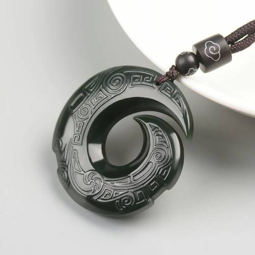 正品和田玉青玉时来运转玉石吊坠男女转运玉玦复古古风回纹项链