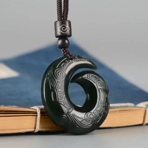 正品和田玉青玉时来运转玉石吊坠男女转运玉玦复古古风回纹项链