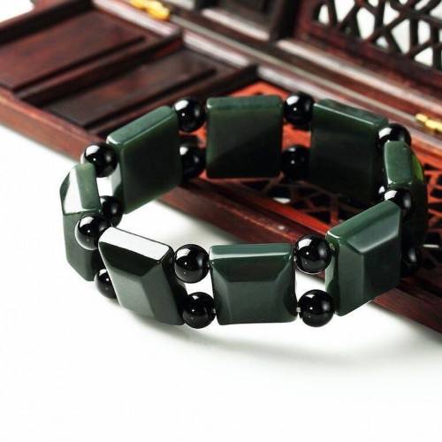 正品和田玉手链男女款天然青玉手链正方形手串手排宽边玉片送证书