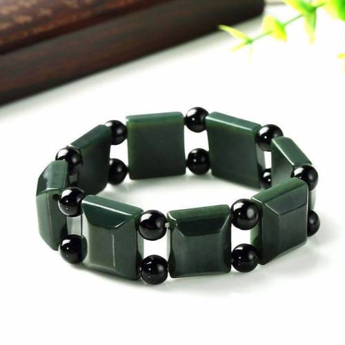 正品和田玉手链男女款天然青玉手链正方形手串手排宽边玉片送证书