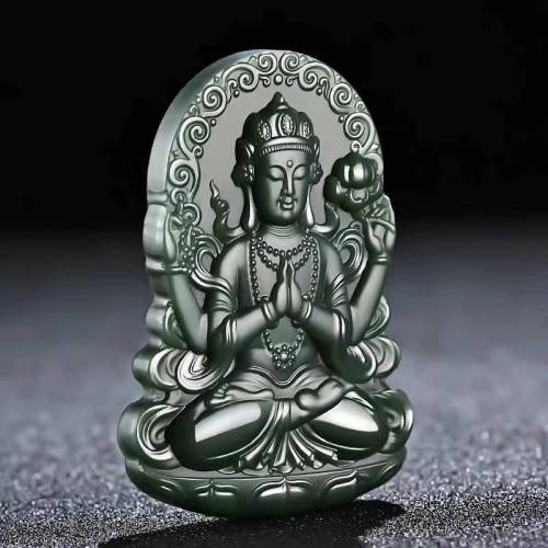 精品和田玉青玉塔青一细料吊坠四臂观音玉牌吊坠男款玉佩