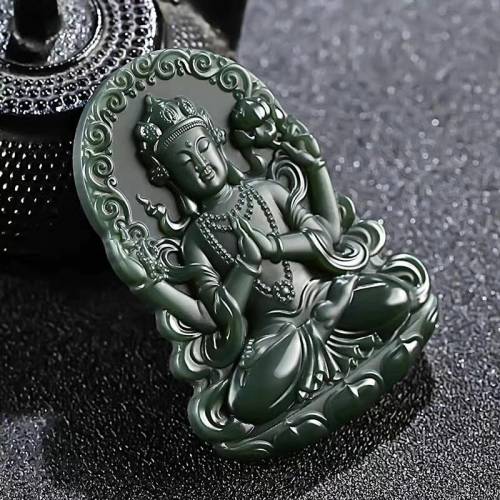 精品和田玉青玉塔青一细料吊坠四臂观音玉牌吊坠男款玉佩