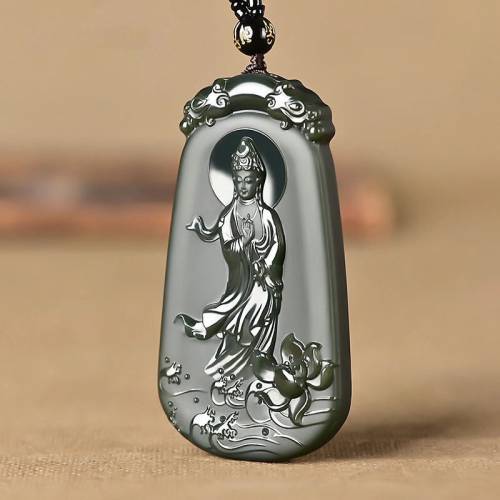 和田玉青玉塔青一细普度众生莲花站观音玉牌男款玉佩男士款玉吊坠