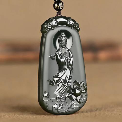 和田玉青玉塔青一细普度众生莲花站观音玉牌男款玉佩男士款玉吊坠