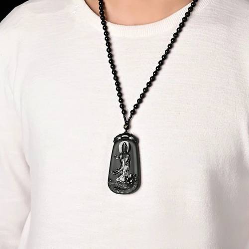 和田玉青玉塔青一细普度众生莲花站观音玉牌男款玉佩男士款玉吊坠