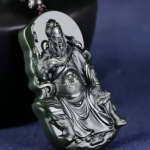 新款新疆和田玉塔青一细料关公吊坠男霸气关羽玉佩招财武财神玉牌