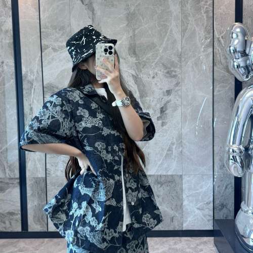 花卉提花牛仔短袖襯衫