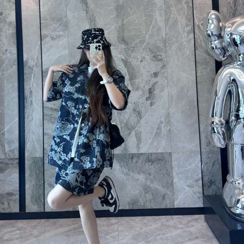 花卉提花牛仔短袖襯衫