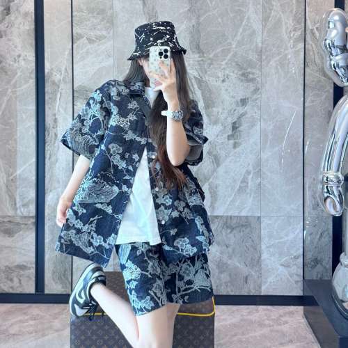 花卉提花牛仔短袖襯衫