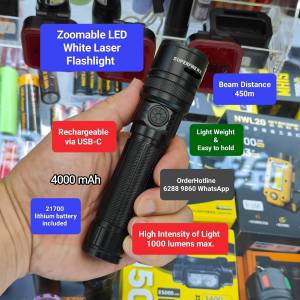 Zoomable White Laser Flashlight 🔦 Torch. 1000 lumens. 強光可變焦距電筒. 4000...