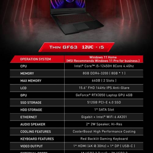 MSI Thin GF63 12UC 15吋 [i5-12450H / RTX3050]