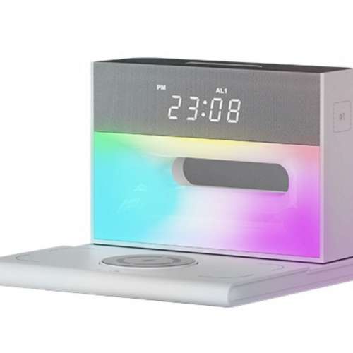 N102無線充電器15 W桌面多功能無線充五合一帶藍牙音箱彩燈鬧鐘時鐘一體設計安全快充...