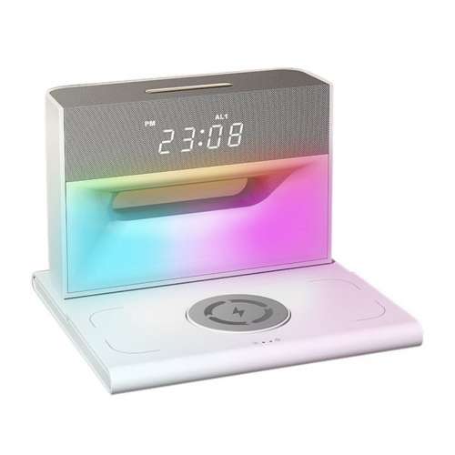 N102無線充電器15 W桌面多功能無線充五合一帶藍牙音箱彩燈鬧鐘時鐘一體設計安全快充...