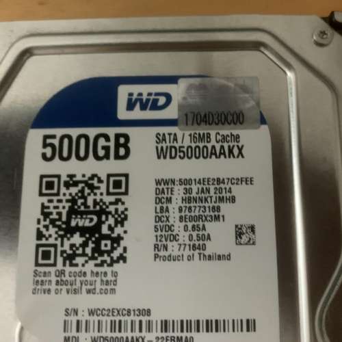 WD SATA 500G  3.5" 硬盤 Hardisk 清屋出售 HK$50.00