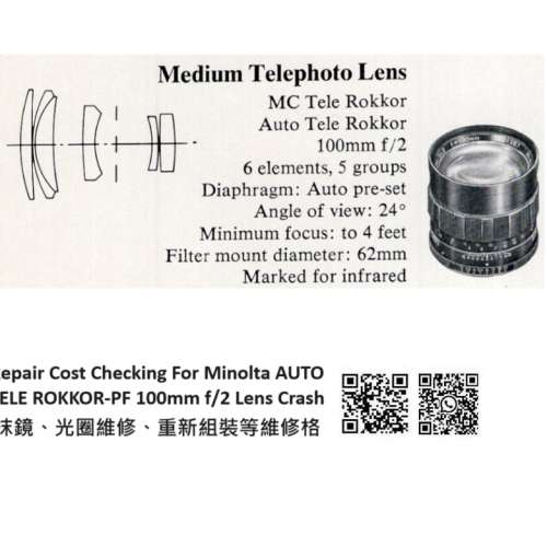Repair Cost Checking For Minolta AUTO TELE ROKKOR-PF 100mm f/2 Lens Crash 抹鏡...