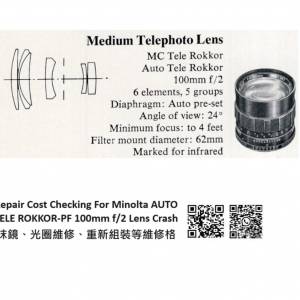 Repair Cost Checking For Minolta AUTO TELE ROKKOR-PF 100mm f/2 Lens Crash 抹鏡...