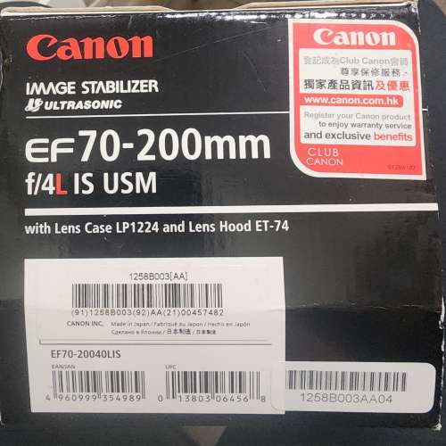 Canon EF 70-200mm f/4L USM 跟原廠Hood ，連盒 - $3200
