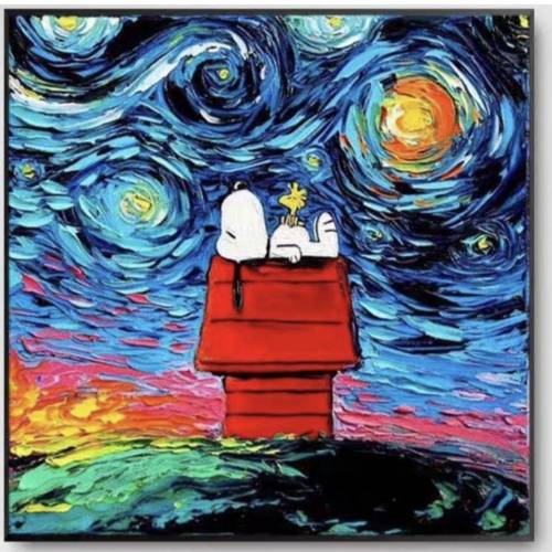 現貨 優惠 一對 梵高 星夜 Snoopy 史努比 Charlie Brown 40*40cm 藝術畫連畫框 激罕...