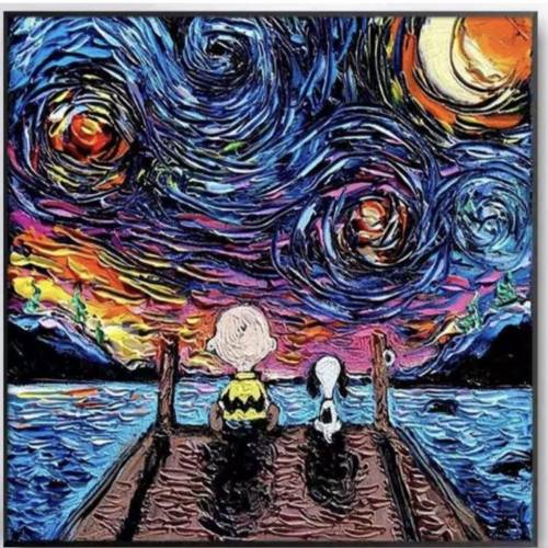 現貨 優惠 一對 梵高 星夜 Snoopy 史努比 Charlie Brown 40*40cm 藝術畫連畫框 激罕...