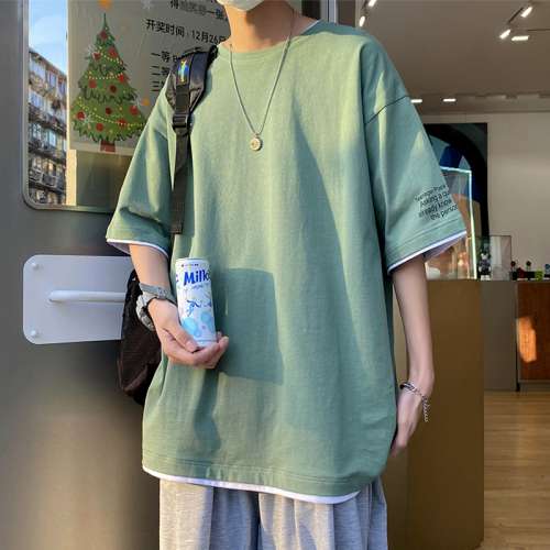 假兩件短袖t恤男士夏季薄款寬松百搭港風半袖潮牌潮流男生上衣服