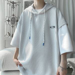 假兩件短袖t恤男士夏季青少年連帽體恤2024新款美式潮流半袖上衣