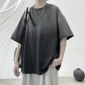 漸變短袖男款夏季潮牌黑色寬松T恤男生港風帥氣五分袖男裝上衣服