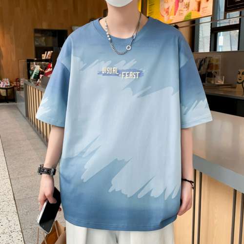 漸變色短袖t恤男夏季冰絲涼感半袖男潮牌寬松上衣青少年痞帥體恤T