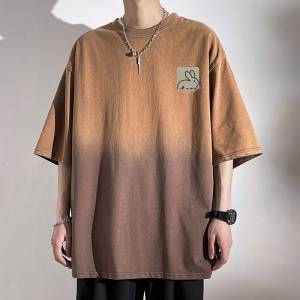 漸變色短袖t恤男夏季純棉圓領半袖男寬松上衣青少年帥氣休閑體恤T